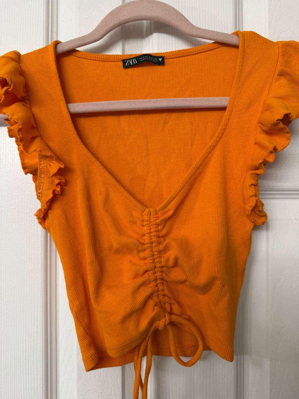 ZARA Bright Orange Ruched V-Neck Crop Top with Flutter Sleeves